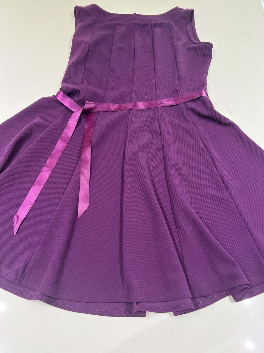Haani Petite Purple Textured Pleated Sleeveless Dress Satin Ribbon Belt Size PXL